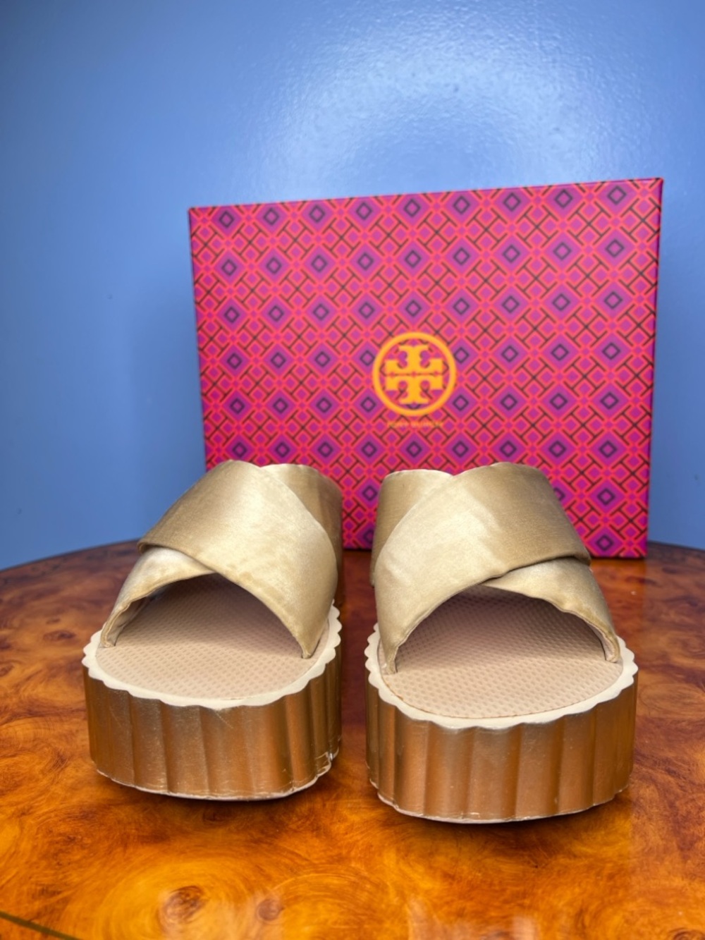 Tory Burch Metallic Gold Satin Platform Slides